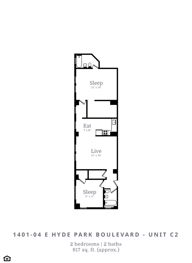 Floor plan for 2 beds, 1 bath, 917 sqft